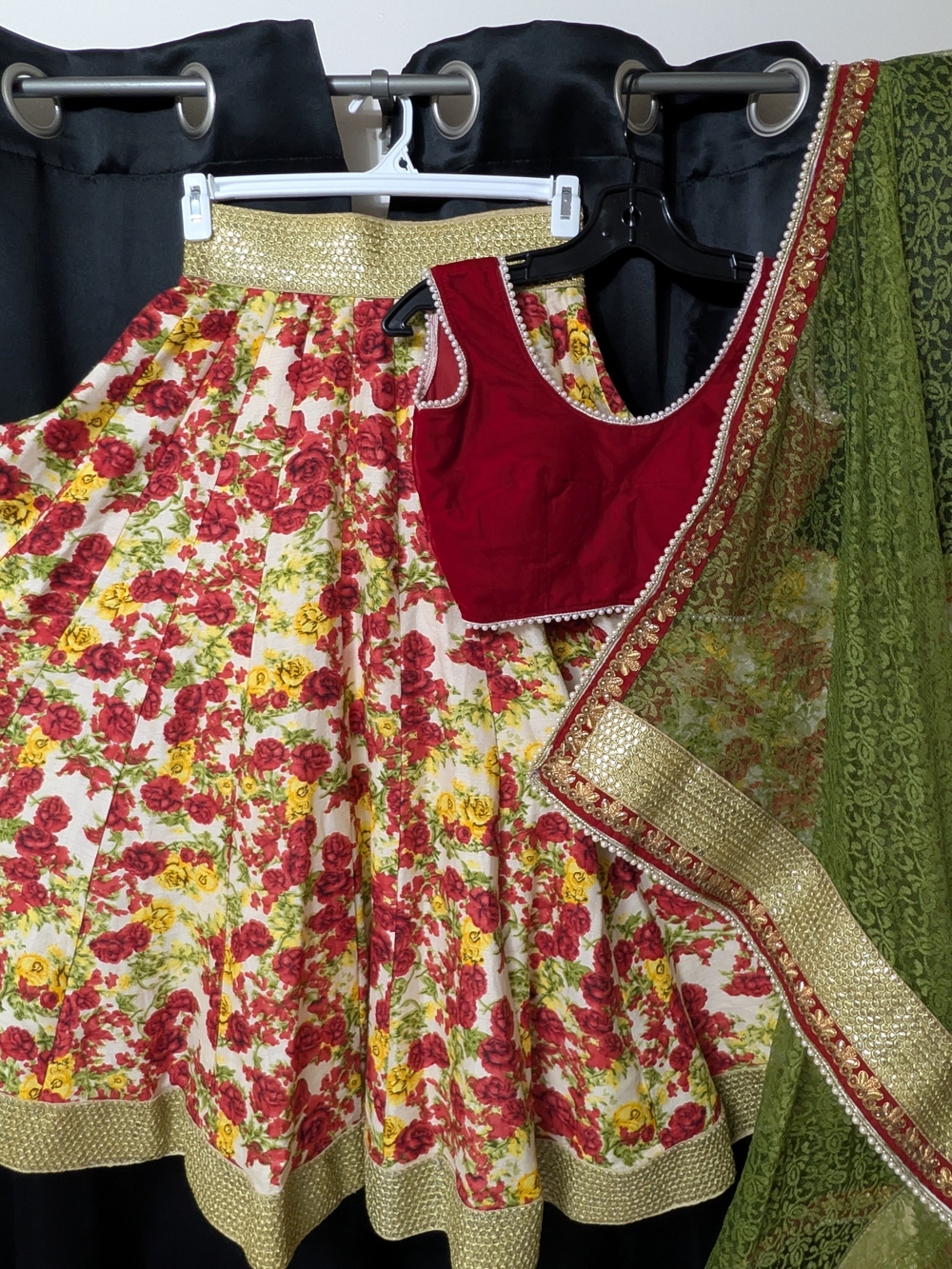 Red Floral Lehenga Set with Gold Trim